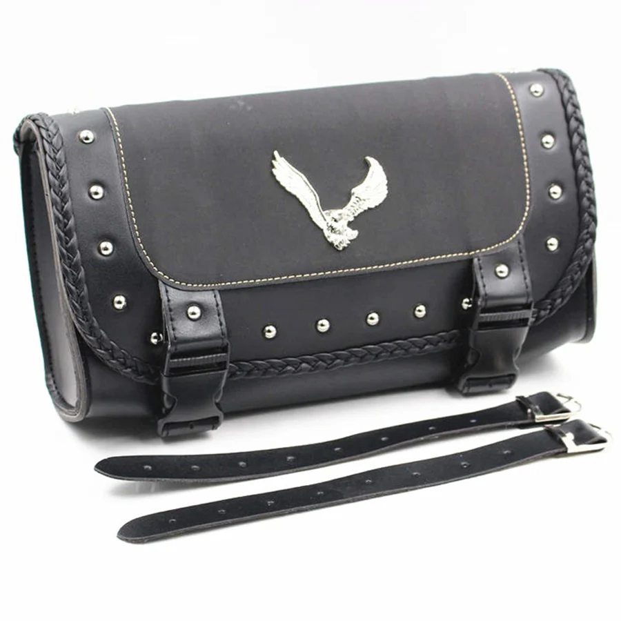 Universal Black PU Leather Motorcycle Fork Tool Luggage Pouch Eagle Pattern Rivet Style Retro Motorbke Side Saddle Storage Bags