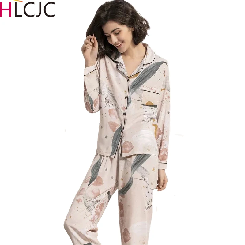 

Pajamas Set for Women 2020 Spring Summmer Newest Print Long Sleeve and Pants Sleepwear for Women Cotton Satin Home Clothes Femme