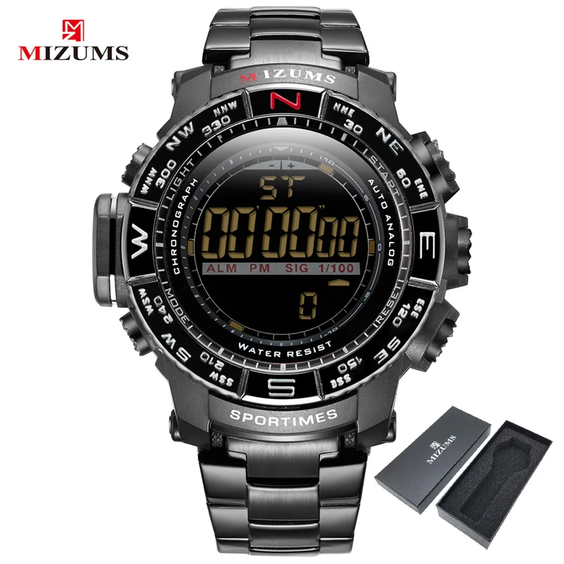 Black with box Мужские часы Mizums с хронографом, золотые, светодиодный, цифровые, спортивные часы для мужчин, ремешок из нержавеющей стали, будильник, водонепроницаемые, мужские часы, наручные часы - Цвет: Black with box