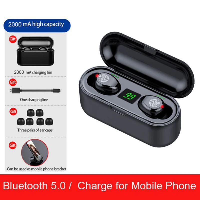 F9 TWS V5 0 Bluetooth Headset Wireless Sport Wireless Earphones Earphone with LED 2000 mAh Charging Bin Phone Holder