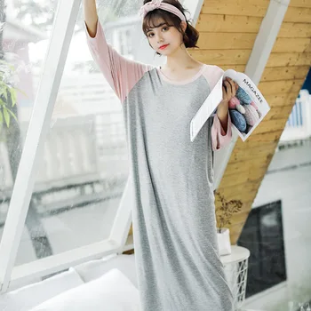 

Loose Casual Sleep Dress Women Lingerie Solid Silk Nightgown Nightdress O Neck Sleepwear Homewear