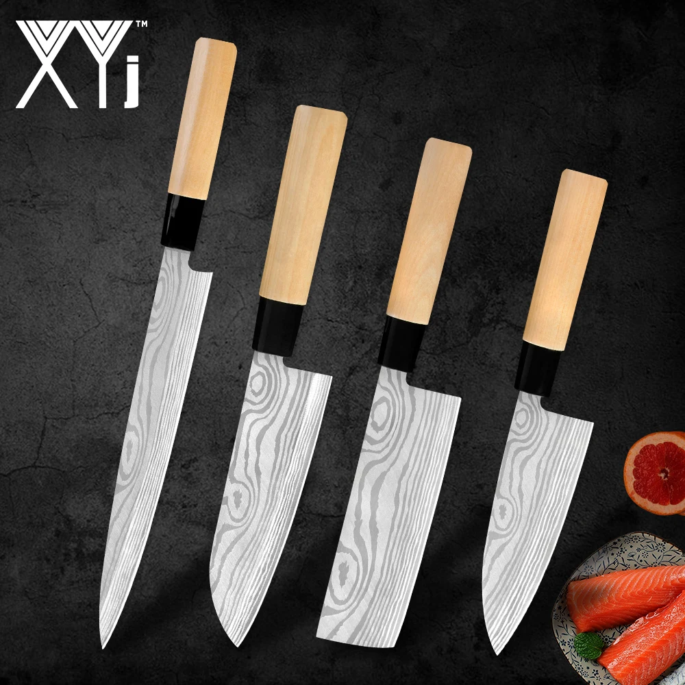 XYj Damascus Pattern Blade Kitchen Knives Set Japan Stainless Steel Sashimi Knives Cleaver Chopping Meat Vegetables Kitchen Tool