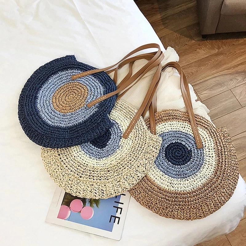 Round Straw Bags Women Shopping Bag Summer Travel Handmade Woven Rattan Beach Handbags Female Casual Shopper Shoulder Bags sac