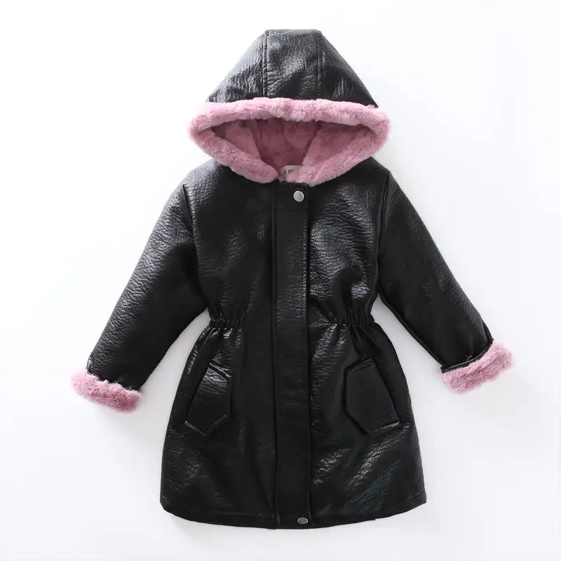 Kuulee Girls Leather Jacket Thicken Velvet Coat Outwear Long Version Cardigan Hoodie