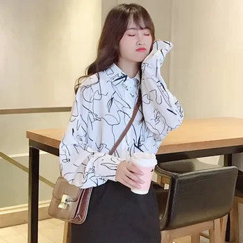 

Women Print Casual Blouse Loose Long-sleeved Shirt Fashion 2019 Lapel Female Autumn Blouse