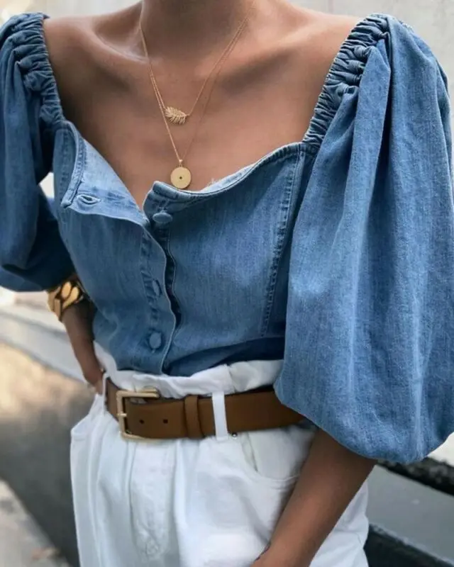 Autumn Sexy buttons denim blouse women Vintage square collar jeans blouses tops Chic elastic puff sleeve autumn female shirts