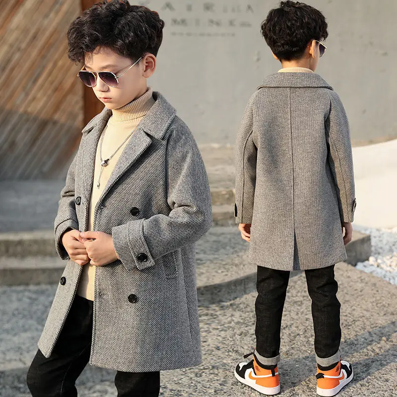 Boy Woolen Coat Autumn Winter Jacket New Fashion Turn Collar Solid Double-Breasted Children's Outerwear Trench High Quality