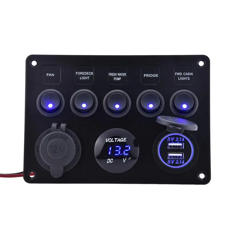 

12-24V 5 Gang ON-OFF Toggle Switch Panel Dual USB Socket Charger LED 12V Power Outlet For Car Boat Marine RV Truck
