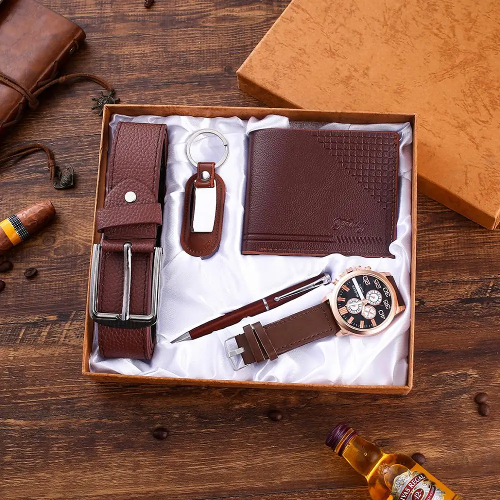 Brown Leather 5pes/Set Men's Gift Set Beautifully Packaged Watch Belt Wallet Keychain Pen Casual Combination Boy Friend Watches azns well selected pu leather phone wallet case stand cover for oppo reno6 5g brown