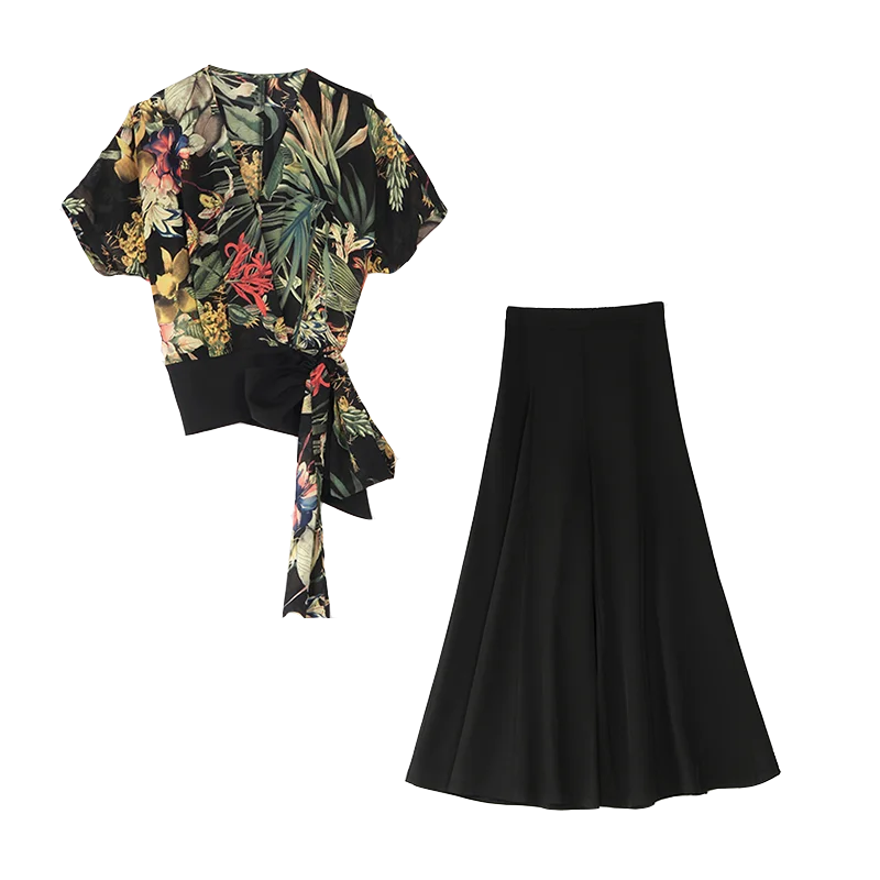 summer new ladies fashion temperament print chiffon drape wide leg pants two-piece suit