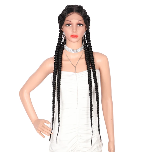 Olymei 35 Inches Braided Lace Front Wigs With Baby Hair Double Dutch Box Braided Twist Synthetic Braids Wig For Black Women #1B