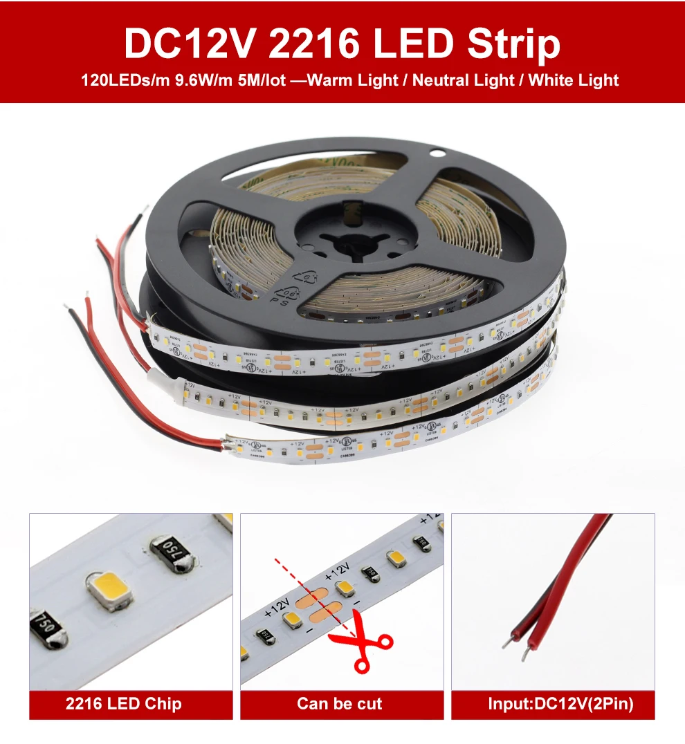 Новое поступление Светодиодные ленты DC12V 2216 чип 120 светодиодный s/m 24V 300 светодиодный s/m 3000K 4000K 6000K высокое Яркость гибкий светодиодный Диод светодиодные ленты