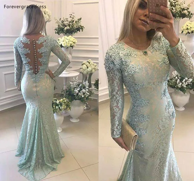 2018 Sage Mermaid Evening Dresses Jewel Neck Long Sleeves Lace Applique Sweep Train Satin Formal Prom Dress Pleats Party Gown Custom BA7400 138