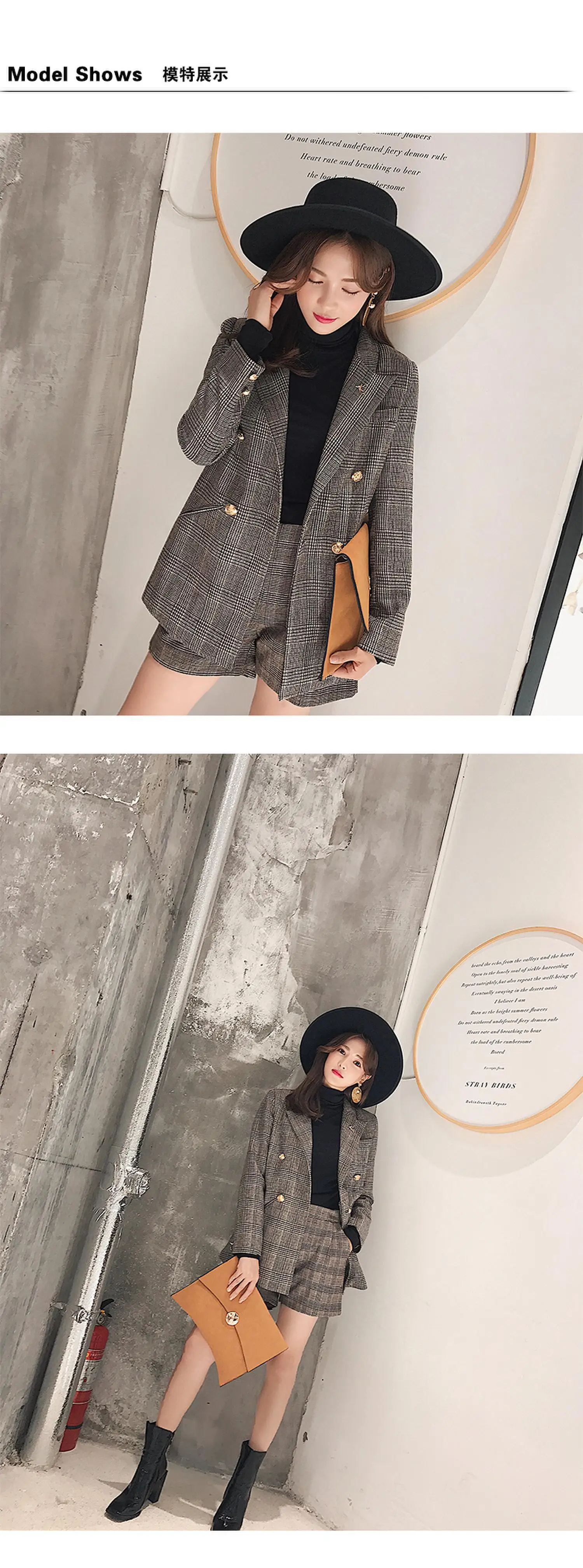 New Women's Suit Pants Set Vintage Plaid Blazer jacket and Casual Shorts Pants Two-Piece Set Office lady Overalls Shorts Suits