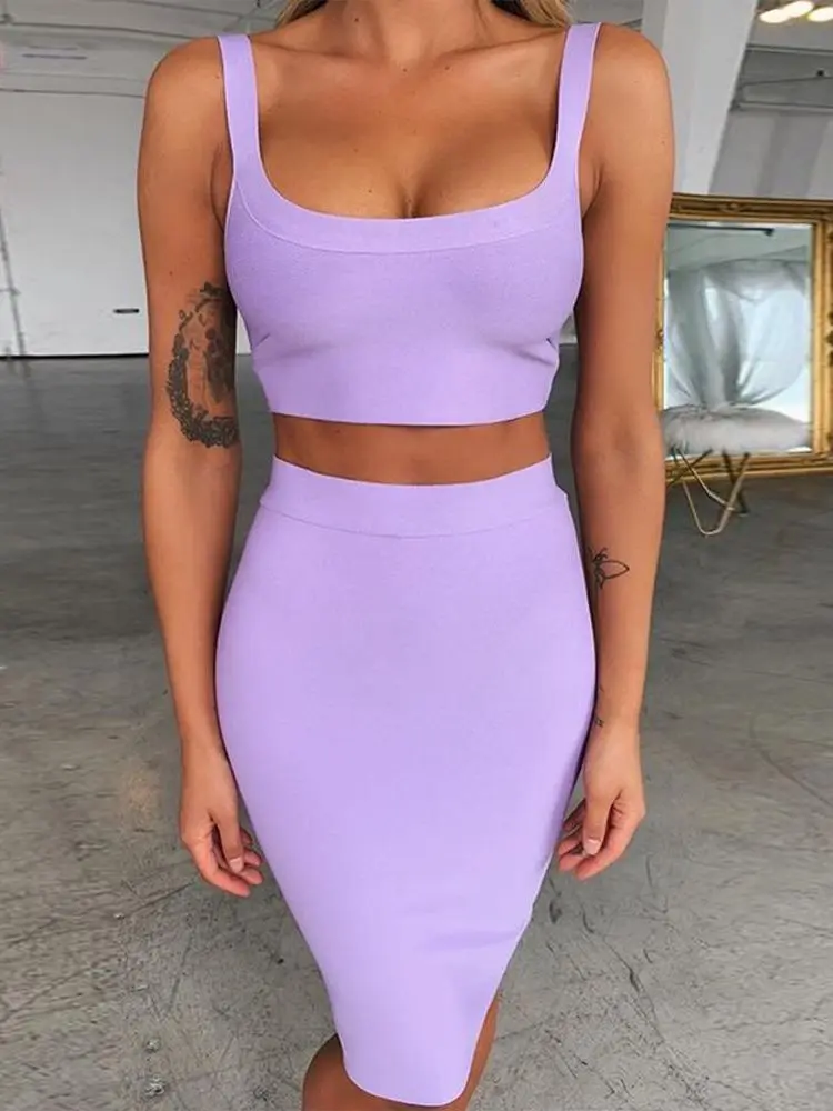 Bandage dress sets Women Sexy Two Piece Skirt Set 2022 Summer Lilac Bodycon skirt and top set matching sets For Club Party
