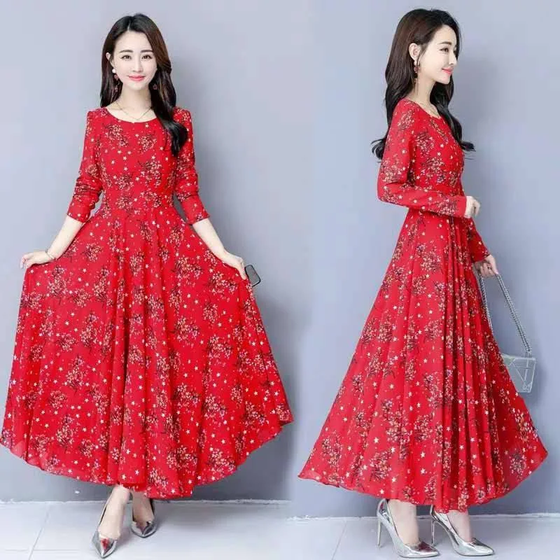 

Spring And Autumn Chiffon Dress Women's Kuotaitai Nobility Long Sleeve Large Size Debutante Elegant over-the-Knee Floral-Print B