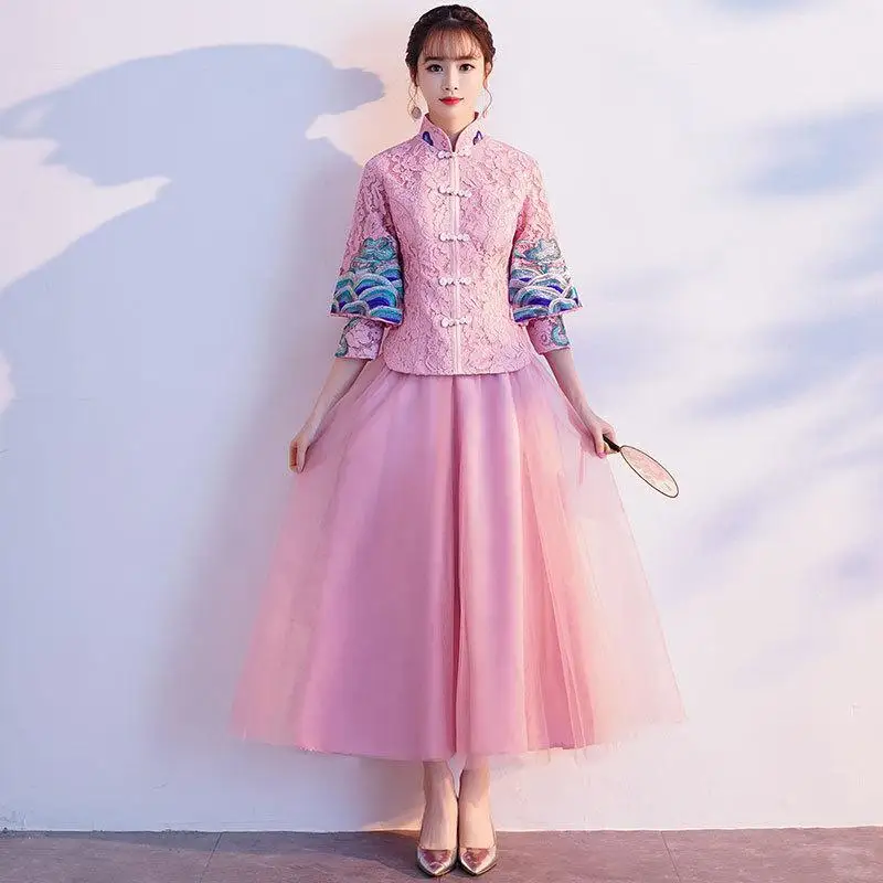 Китайский стиль, женское вечернее платье, Qipao, винтажное, вышивка, кружево, для подружки невесты, свадебное платье, розовый, благородный цветок, Cheongsam - Цвет: Pink A