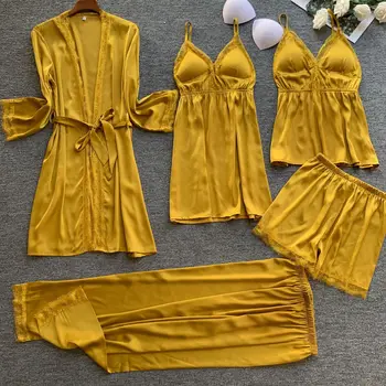 

Female Sexy 5PCS Sleep Set Casual Satin Sleepwear Kimono Robe Gown Nightgown Silky Lace Intimate Lingerie Homewear Nightwear