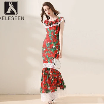 

AELESEEN 2020 New Runway Floral Print Floor-Length Dresses Women Luxury Lace Draped Chest Sleeveless Slim FIt Trumpet Long Dress