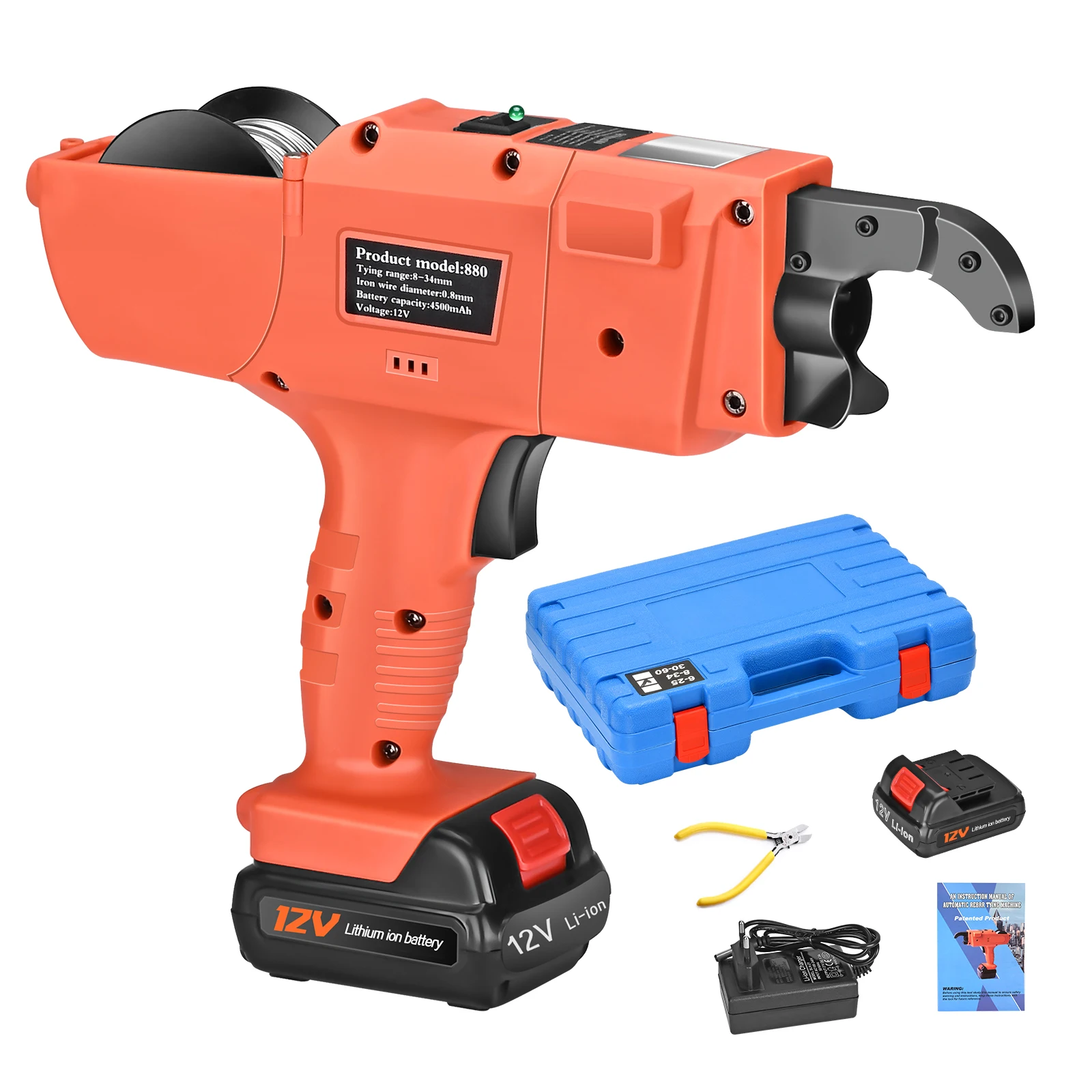 Orange 12V Automatic Handheld Rebar Tier Tool Building Tying Machine Strapping