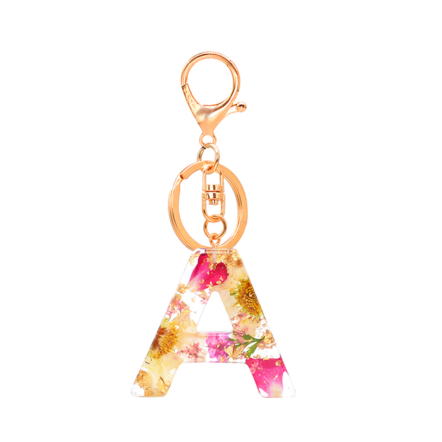 Dried Flower Letter Keychain Creative Colorful 26 English Letter Initial Resin Handbag Keyring Accessories For Women