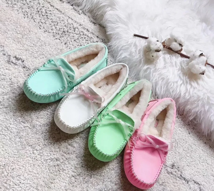 

Womens Round Toe Candy Luminous Colors Real Leather Fur Warm Winter Snow Loafers Shoes Ugs Australia Boots Bowtie High Quality