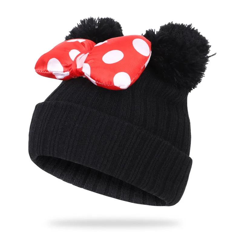 Детские шапки, вязаная теплая Младенческая шапочка для малышей, Детские милые головные уборы с бантами, зимние Мультяшные шапки с двойным помпоном на осень и зиму - Цвет: Black
