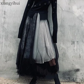 

Punk Style Mesh Skirt Women Embroidered Ball Gown Lace Stitching High Waist Long Skirts Female Autumn Summer Womens Black Skirts