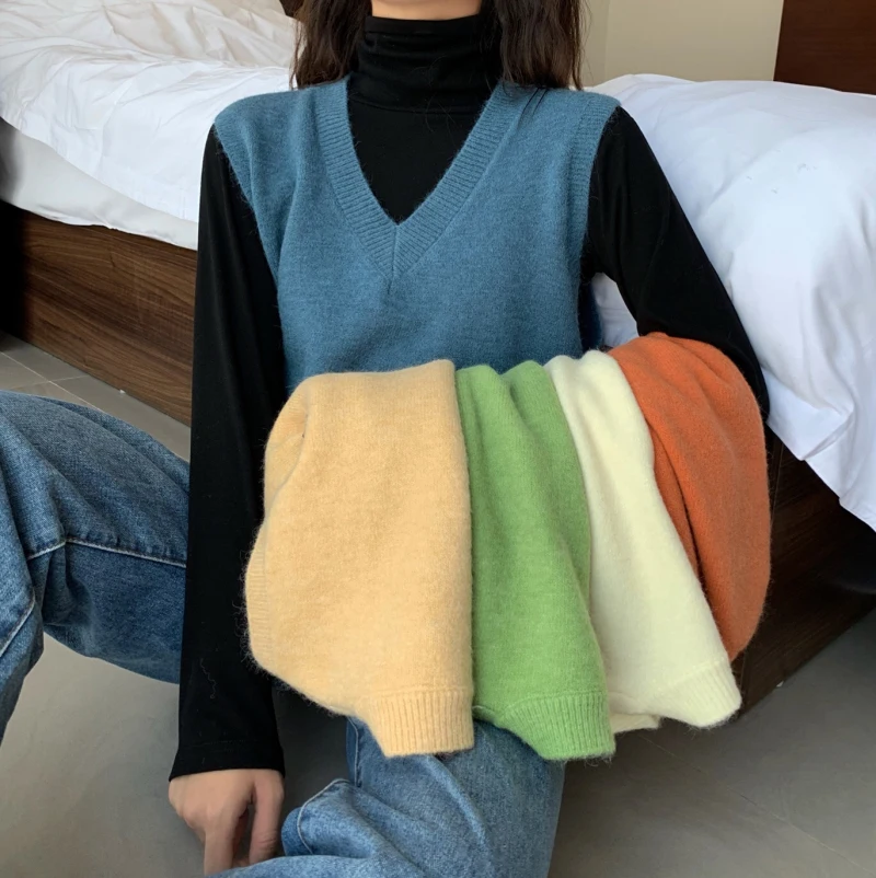 Korean Style Soild Color Women Sweater Vest Short Paragraph Loose Sweater Women's Autumn Wear New Wild Female Sweater Vest