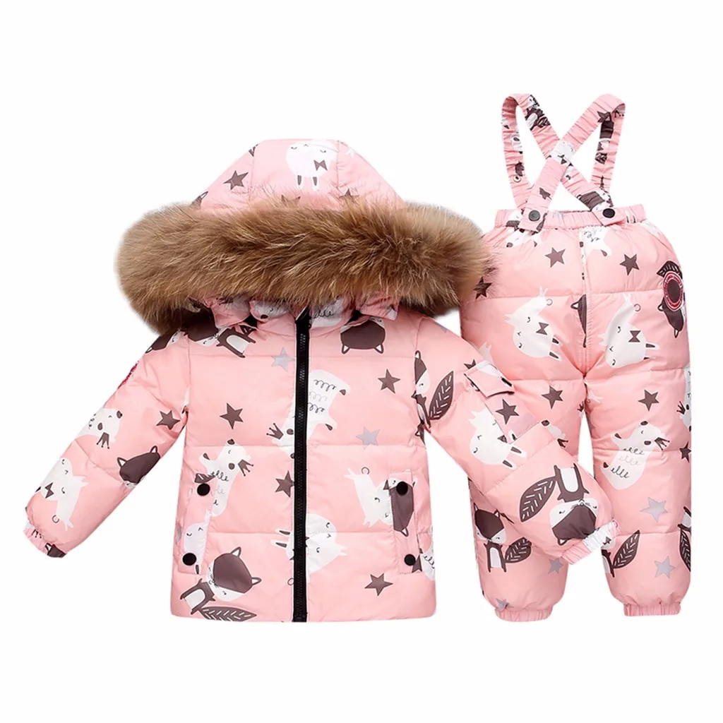 

Child Kids Girls Boys Winter Down Kid Clothes Sets Print Faux Fur Down jacket Warm Long Pants Suits Sets Conjunto Infantil
