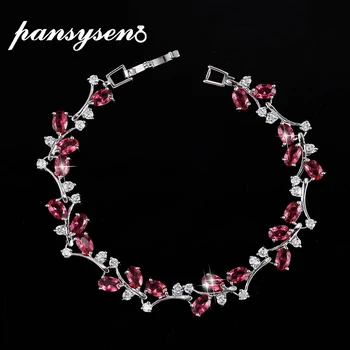 

PANSYSEN Romantic 18CM Charms Red Green Blue Pureple Ruby Gemstone Bracelets Bangles for Women Silver 925 Jewelry Bracelet Gifts