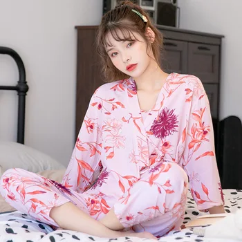 

3 Pcs Flower Print Lovely Pajama Set Women Sexy Nightwear Female Spring Autumn Pijamas Sleepwear Long Sleeve Lingerie Nightwear