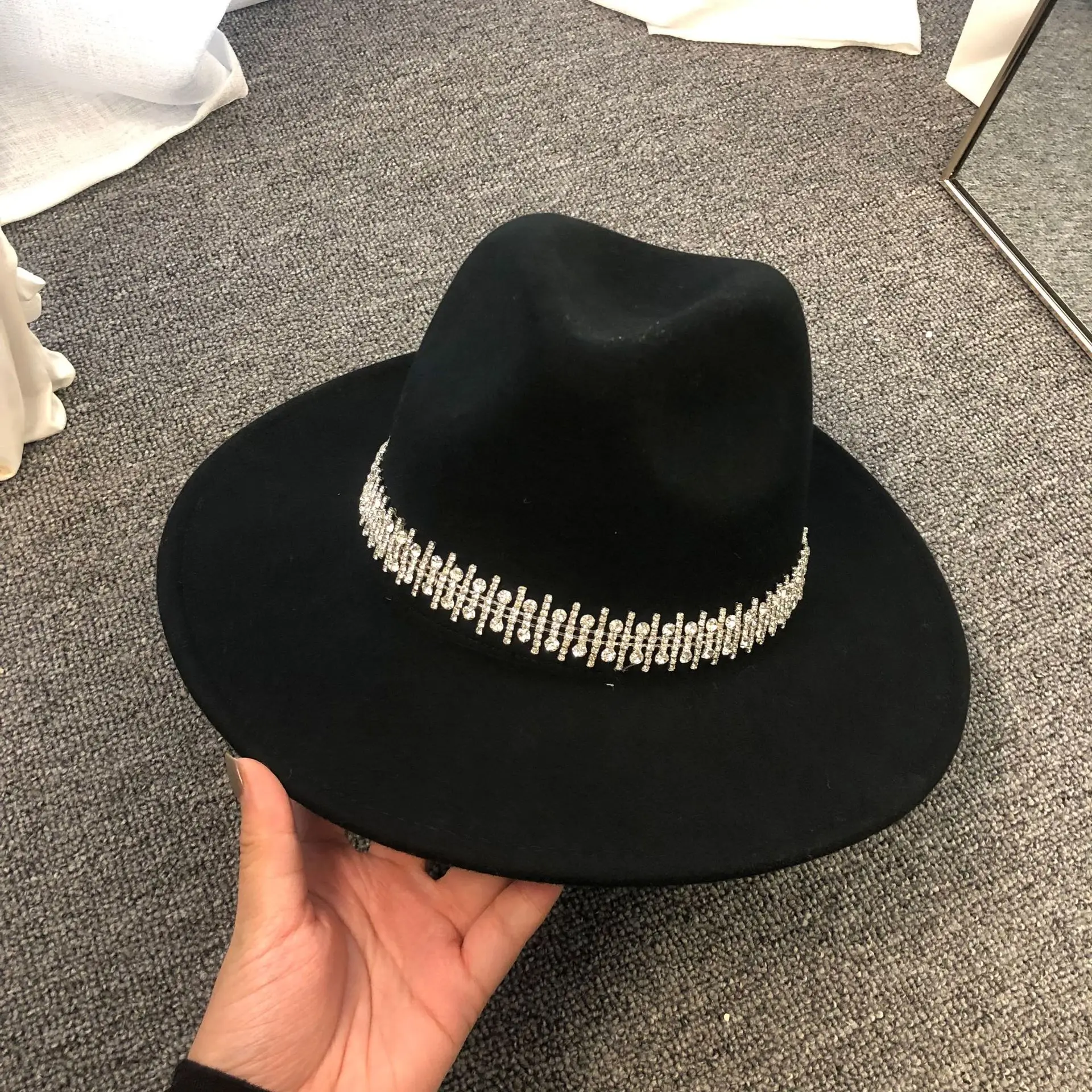 01912-FY416 твердая Черная Шерсть модная цепь Леди Шляпа Fedora женская панама джазовая, шляпа