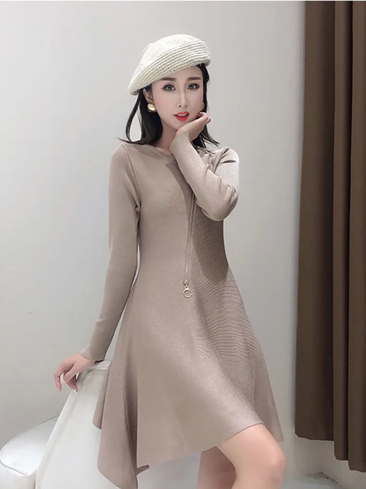 Fall 2020 Korean Style Short Dress Woman Fashion Zippers Slim Bottoming A-Line Long Sleeve Knit Dresses For Women Black Beige