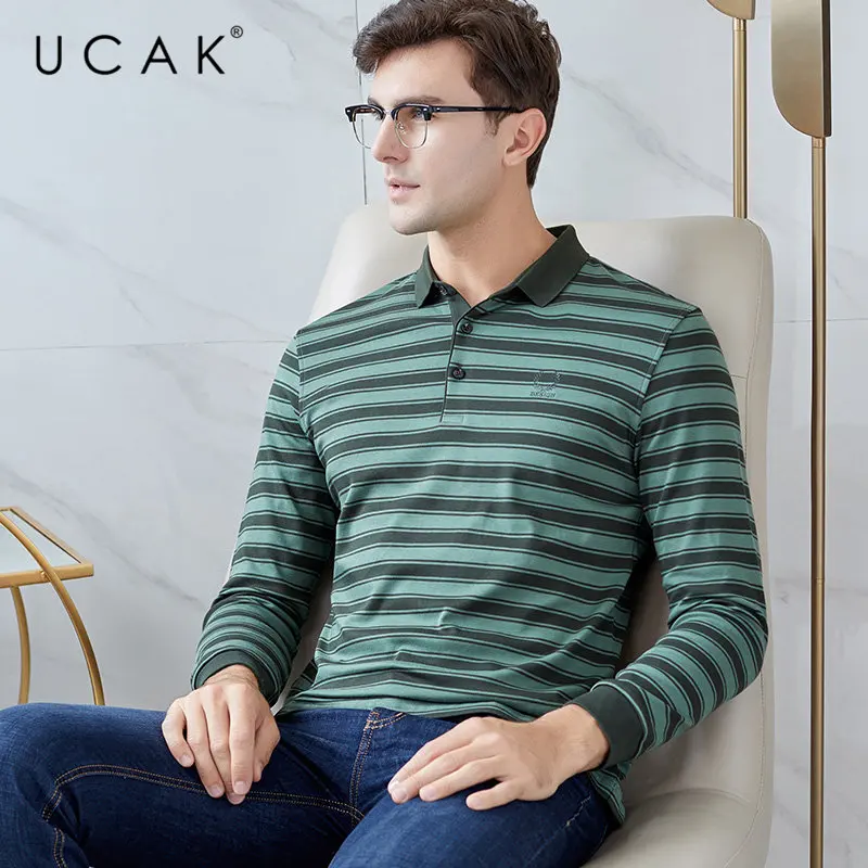 Зеленый UCAK брендовая футболка мужская одежда Осенняя деловая Повседневная футболка мужская модная полосатая хлопковая футболка с длинными рукавами Homme U5001 - Цвет: Зеленый