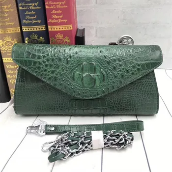 

Genuine Crocodile Skin Women's Green Envelop Clutch Exotic Real Alligator Leather Female Shoulder Bag Silver Chain Lady Purse