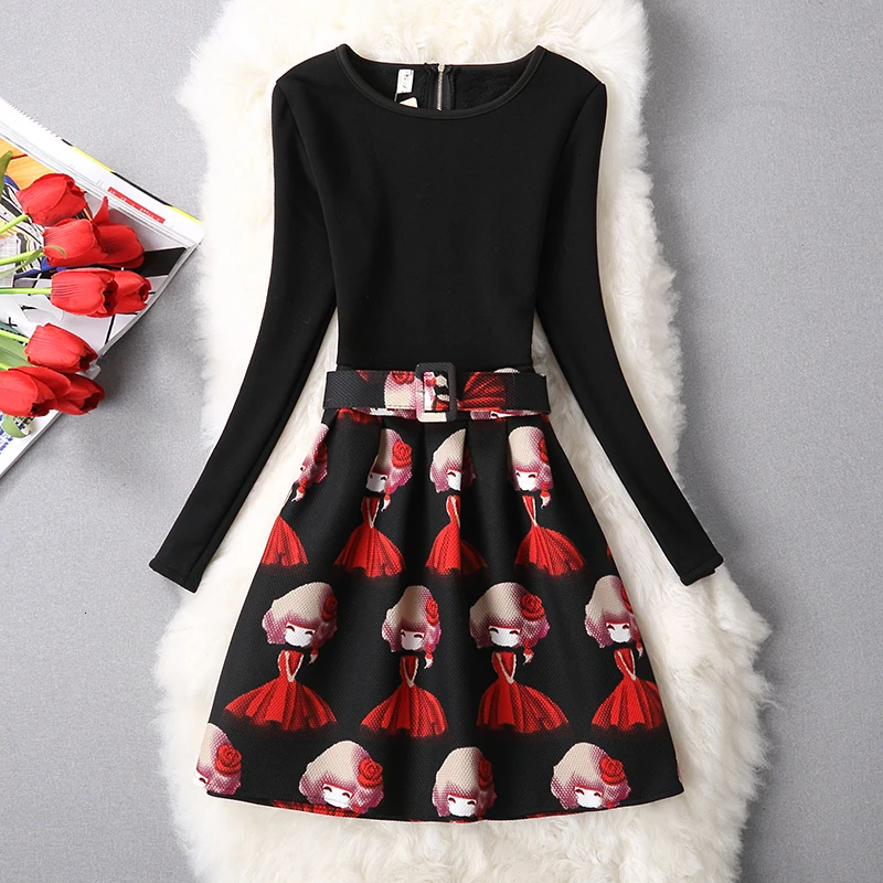 

New Renaissance Winter Thick dress Women fashion Random long sleeves print line A dresses Plus Size knee length dresses LU591