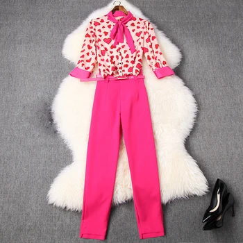 

TOP QUALITY Newest 2020 Stylish Runway Suit Set Women's 3/4 Sleeve Heart Print Bow Collar Blouse Shirt Pants Set