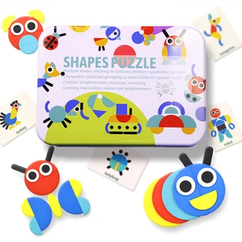 

38Pcs Puzzle 60pcs Graphic Paper Card Children Shape Jigsaw Early Education Puzzle Toy with Iron Box Geometric Cognition Games