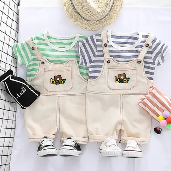 

2020 Summer Baby Boys Short Sleeve Striped T-shirt Tops + Overalls Shorts Infant Kids Casual 2Pcs Suits Children's Clothing Sets