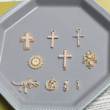 

Vintage Baroque Man-made Diamond Pearl Cross Dinosaur Alloy Pendant DIY Accessories Earrings Accessories Material