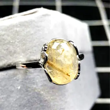 

13x10mm Top Natural Gold Rutilated Quartz Ring Jewelry For Woman Man Crystal Round Beads Silver Gemstone Adjustable Ring AAAAA
