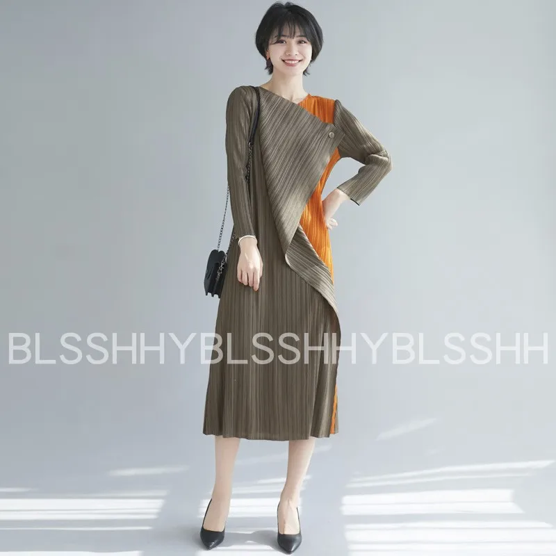 Changpleat осенние новые женские платья Miyak Плиссированное модное дизайнерское цветное платье на одной пуговице тонкое большое эластичное женское платье - Цвет: see chart