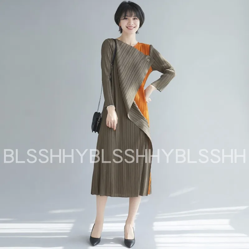 see chart Changpleat осенние новые женские платья Miyak Плиссированное модное дизайнерское цветное платье на одной пуговице тонкое большое эластичное женское платье - Цвет: see chart