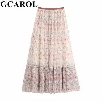 

GCAROL French Style Spring Summer Women Floral Trumpet Long Skirt Two-Layder A-Line Pleated Holiday Sweet Girls Skirt
