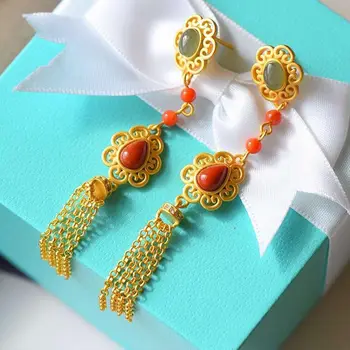 

Natural Hetian Jasper long Tassel Earrings Chinese retro palace style unique ancient gold craft silver jewelry