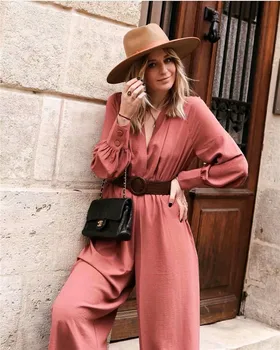 

2019 za women's fashion v-neck jumpsuits full sleeve causal rompers belted jumpsuits high street clothes