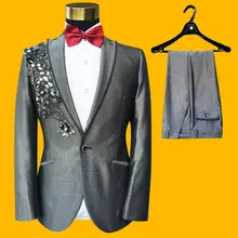 Настоящие мужские 4 узор цветы серый смокинг костюм/События/Студия/сценическое представление/куртка с брюками