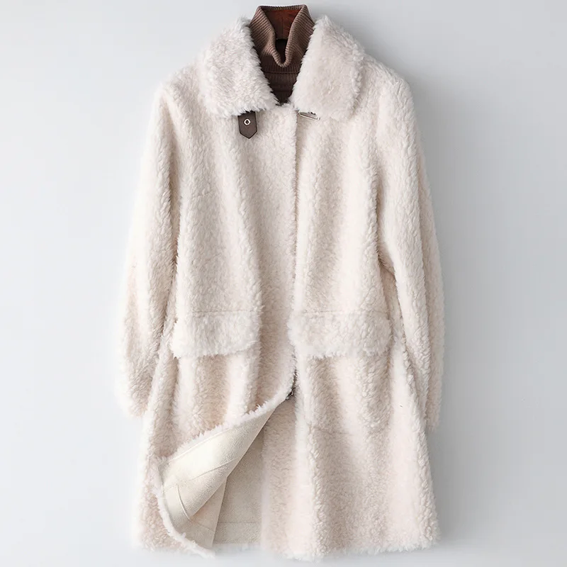 

Winter Fashion Real sheep Fur Coats For Women long wool Jacket white Natural Fur collar casual loose overCoat Female luxury
