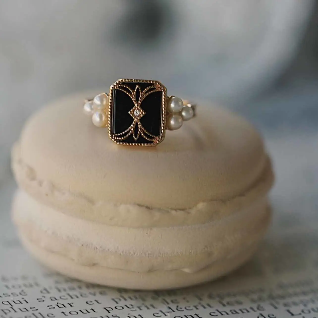 Original black agate pearl opening adjustable ring national style retro compact charm ladies brand silver jewelry silver ring silver rings